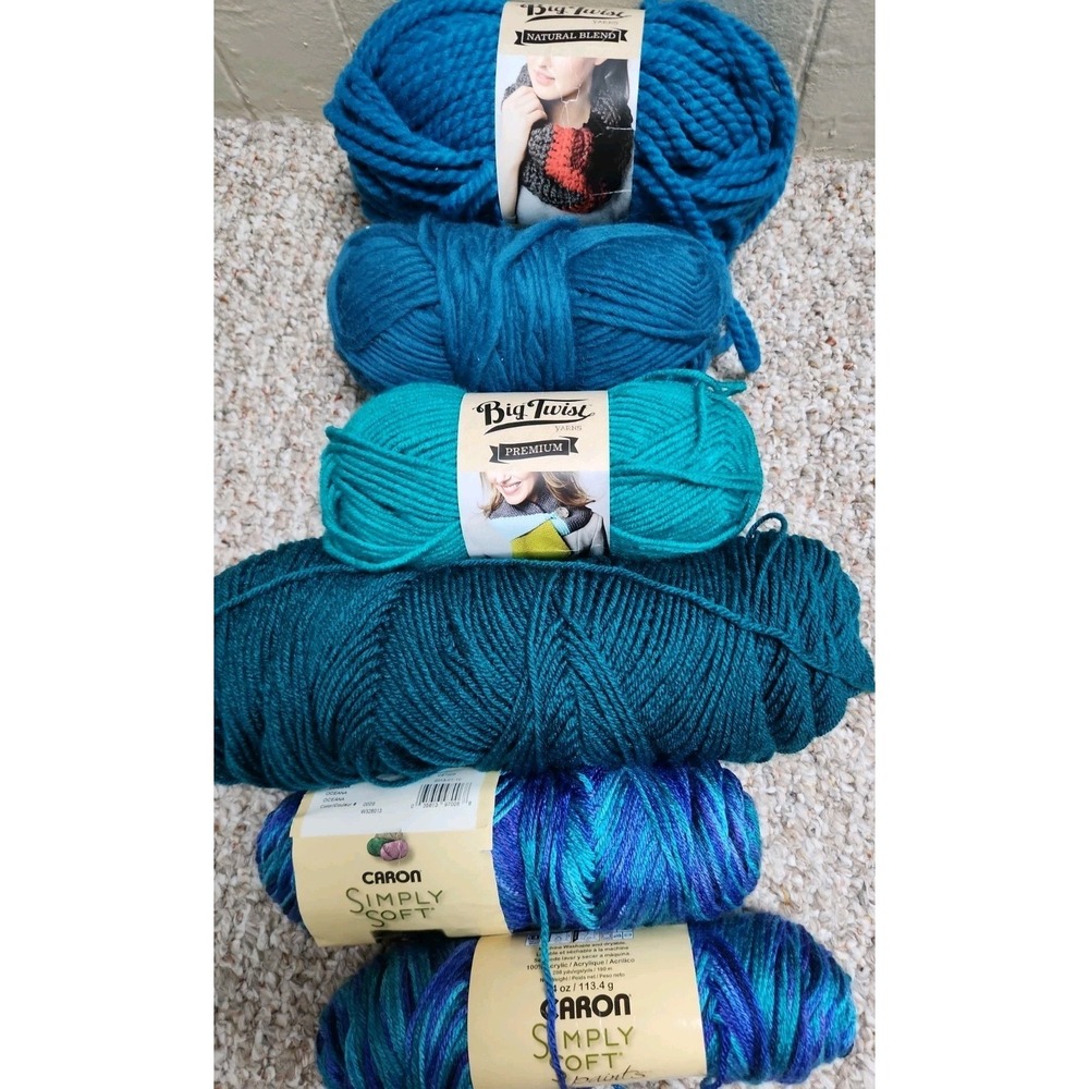 Lot of 6 - Teals Mixed Yarn Caron Big Twist